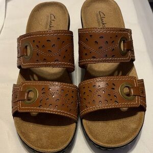 Clarks Tan Slide Sandals with Perforated Straps